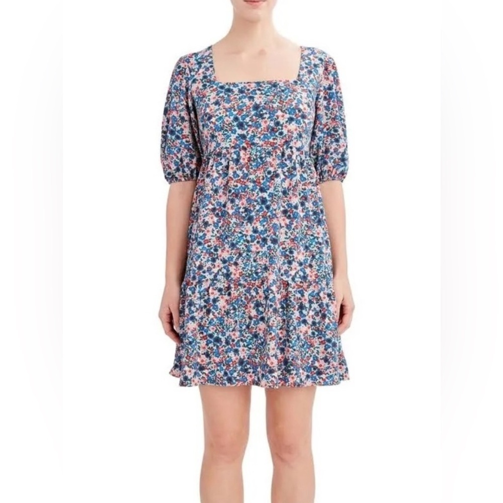 BCBG Floral Puff Sleeve Paris Chiffon Mini Dress Blue XL